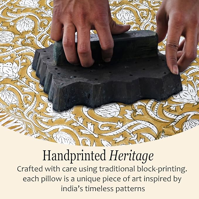 CPC Block Print Ruffle Throw Cover Mustard Regal 20"x20" Inch Pack of 2-100% Cotton Ruffle Couch Decorative Boho Pillows Case for Living Room, Bedroom, Sofa, Farmhouse Gift for Spring, Mother's Day