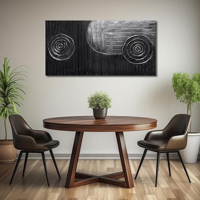 Black and Silver Circles Canvas Wall Art for Living Room Abstract Painting Wall Decor for Dining Room Minimalist Wall Decor for Office Size 24 x 47 Inch