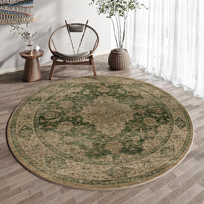 HUGEAR Round Rug 5ft Entryway Rugs Machine Washable Retro Green Hallway Area Rug 5x5 Small Circle Accent Rug Floral Low Pile Carpet Soft Throw Rug Living Room Office Laundry Room Entrance Non Slip