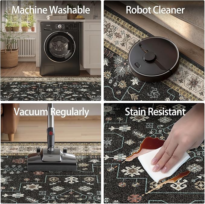 DCX Machine Washable Black Area Rug 9x12, Non Slip Stain Resistant Vintage Area Rug for Living Room Diningroom Bedroom Nursery, Soft Low Pile Large Carpet
