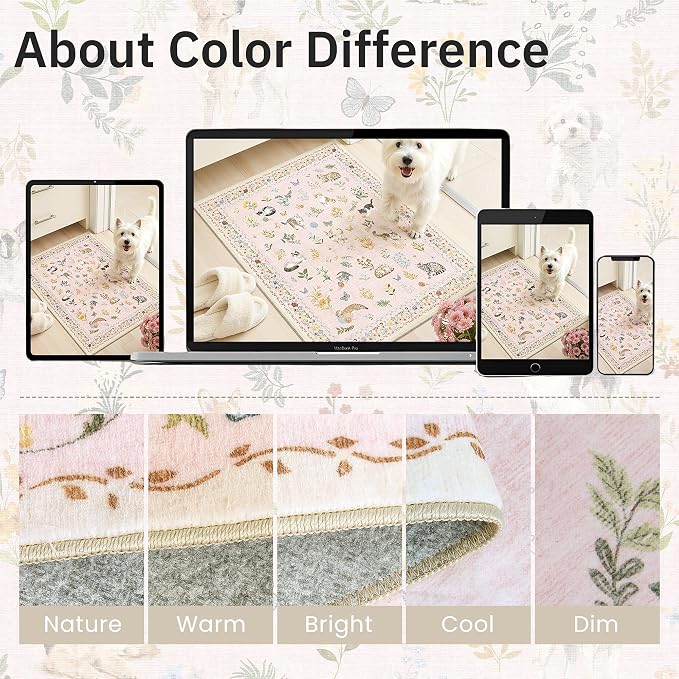Soalmost Dog 6x9 Area Rugs for Living Room, Machine Washable Animal Floral Vintage Rug Non-Slip Low Pile Soft Throw Rugs for Bedroom Dining Room Kitchen Nursery Playroom (6 x 9,Pink)