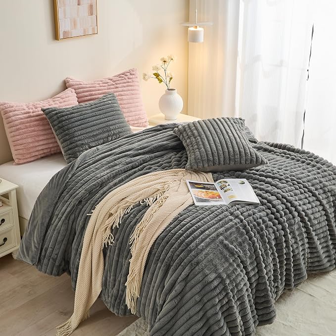 Simple&Opulence Fluffy Faux Fur Comforter Set, Plush Fuzzy Minky Bedding Set, 3 Pieces Warm Soft Comforter Bedding Set for Winter - 1 Shaggy Comforter with 2 Pillow Shams(King, Striped - Dark Grey)