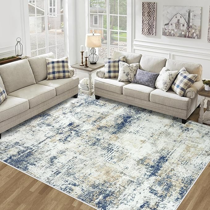 9x12 Area Rugs Living Room Rugs: Large Washable Rug with Anti-Slip Backing Non-Shedding Stain-Resistant Soft Abstract Carpet for Bedroom Dining Room Nursery Hallway Indoor Home Office Blue Brown