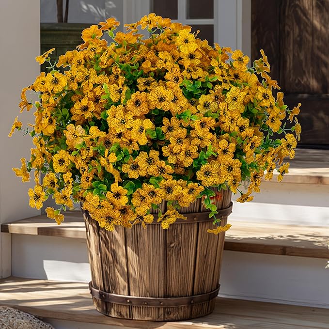 AXYLEX Artificial Fall Flowers for Outdoors Fake Mums - 16 Bundles Faux Plants Outside Greenery Boxwood No Fade Plastic Shrubs Decor Farmhouse Home Garden Thanksgiving (Yellow)