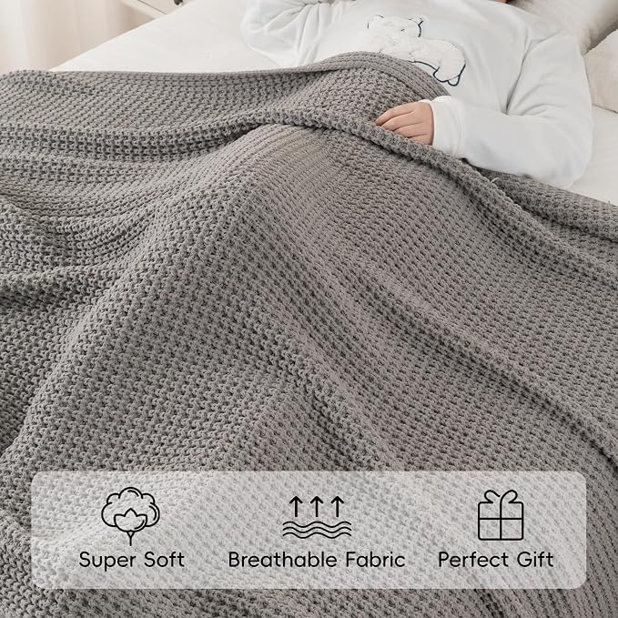 Bunnikins & Clover Grey Throw Blanket for Couch Bed Sofa, Waffle Knit Grey Blanket for Women Mothers Birthday Gifts, 60"x80"