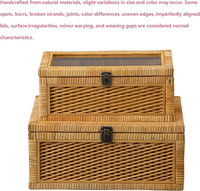 SOFE Rectangular Rattan Storage Box with Lid, Boho Display Box Set of 2, Stackable Decorative Boxes for Home Decor, Multipurpose Shelf Organizer, Natural Color Design, Living Room, Study, Bedroom