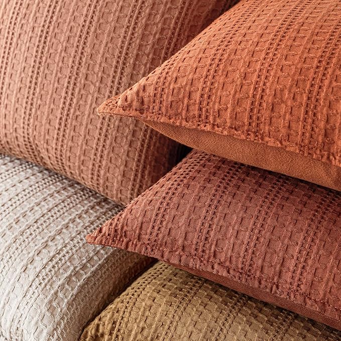 Foindtower Set of 2 Decorative Cotton Waffle Weave Throw Pillow Cover Euro Shams Cushion Covers Accent European Pillowcase For Bed Couch Sofa Bedroom Living Room Home Decor 26×26 Inch Fall Rust Orange