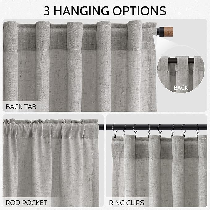 Nanspring Light Gray Linen Curtains 102 Inches Long for Living Room Modern Farmhouse Decor Rod Pocket Back Tab Light Filtering Boho Semi Sheer Grey Curtain for Bedroom 52x102, 2 Panels