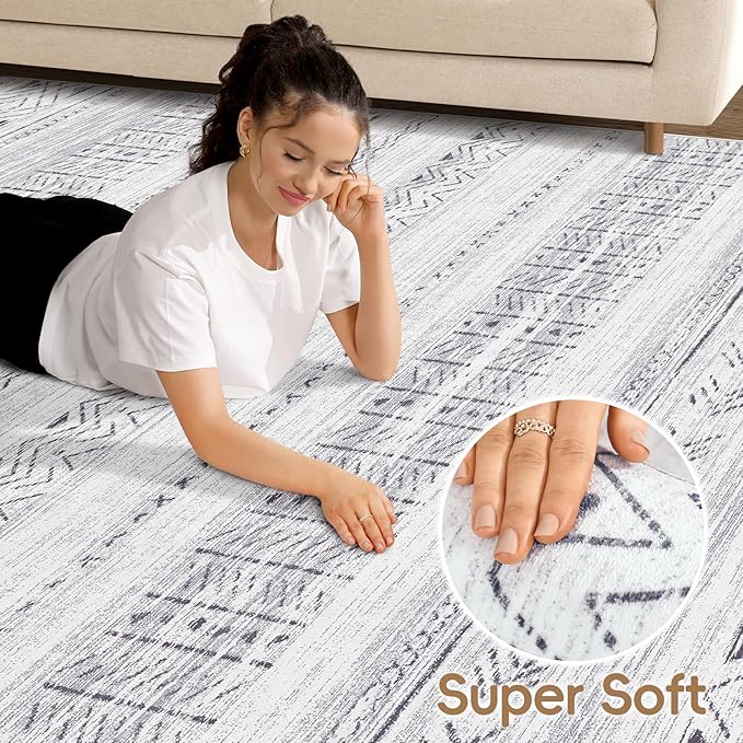 cotiled 7x9 Area Rug Living Room: Washable Boho Rugs with Non Slip Backing Large Soft Indoor Stain Resistant Carpet for Bedroom Farmhouse Dining Room Lightweight Home Decor Dark Grey
