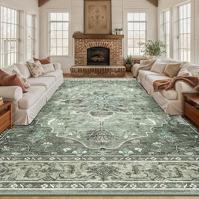 RELEANY Area Rugs 10'x12' Washable Non-Slip, Floral Vintage Distress Print Pattern Medallion Carpet for Living Room Bedroom Dining Room, Dark Green Gray