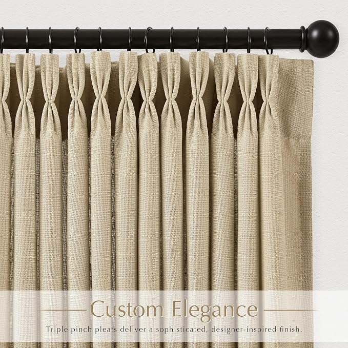84 inch Long Triple Pinch Pleat Linen Curtains with Clips for Bedroom Light Filtering Pleated Drapes Memory Trained Pencil Look Burlap Textured Neutral Country Rustic Dining Room Curtain 2 Panel Set