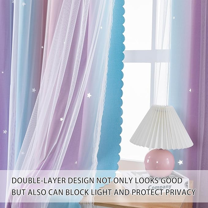 XiDi Curtains for Girls Bedroom 2 Panel Set, Thermal Insulated Window Ombre Panels, Rainbow Pink Drapes for Kids Room Unicorn Wall Decals, Black Out Curtains 45 Inch Long Pink/Purple/Blue 34x45