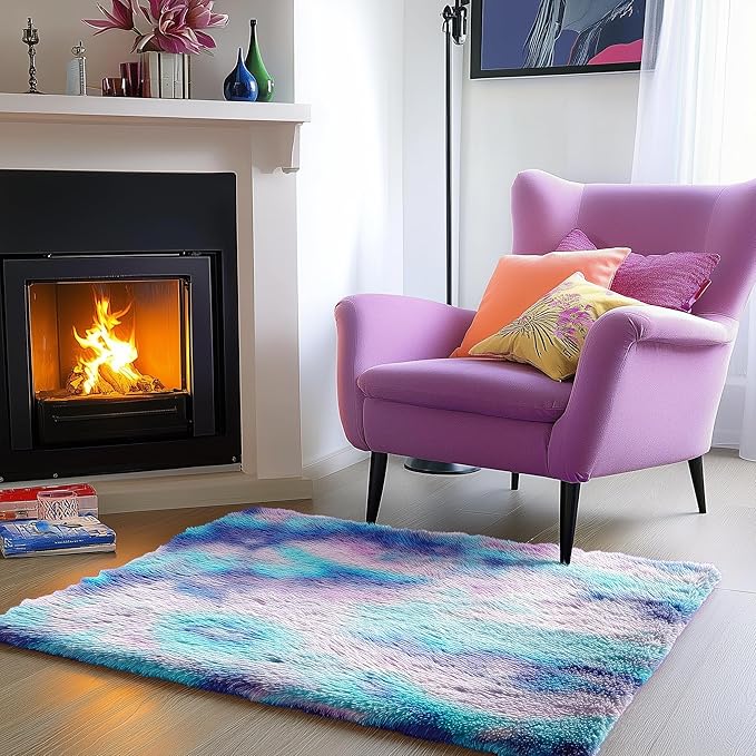 PAGISOFE Furry Rainbow Rugs for Bedroom Girls, 2x3 Soft Purple Shag Tent Rugs for Livingroom, Kids Room, Nursery, Home Decor, Fluffy Fuzzy Adorable Carpet, Plush Mermaid Kawaii Throw Rug, Accent Rug