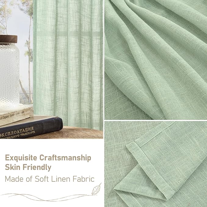 LAMIT Fresh Green Linen Boho Curtains 68 inch Length 2 Panels, Light Filtering Semi Sheer Panels Back Tab and Rod Pocket Neutral Drapes for Bedroom/Living Room, 52 x 68 Inch