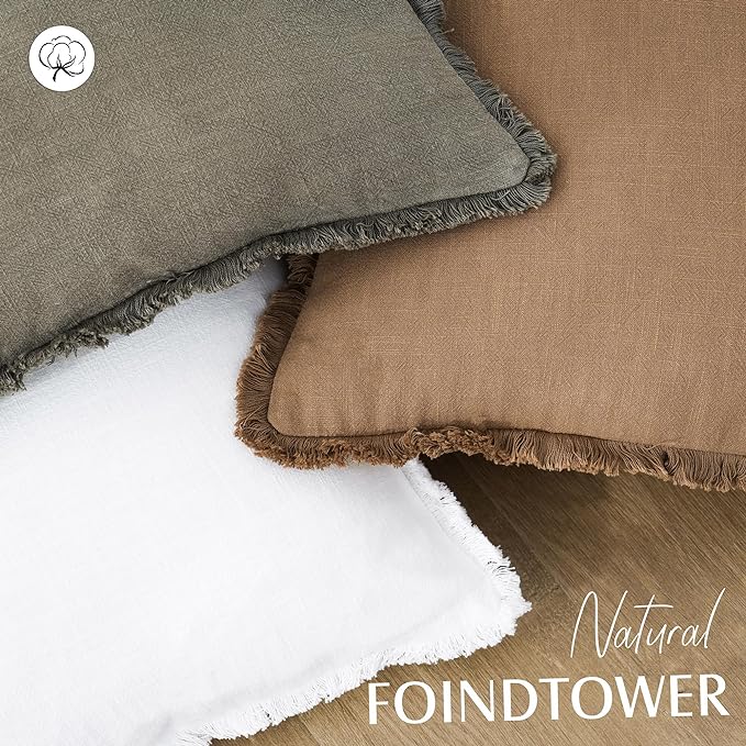 Foindtower Set of 2 Decorative Linen Fringe Lumbar Throw Pillow Covers Boho Farmhouse Cushion Cover with Tassels Soft Accent Pillowcase for Couch Sofa Bed Living Room Home Decor,12×20Inch,Khaki Brown