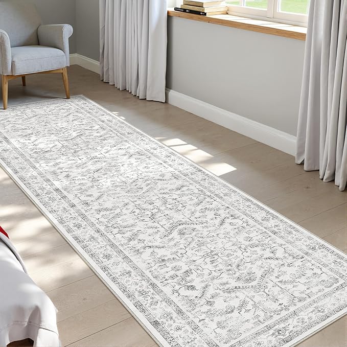 PureCozy Grey 2x8 Runner Rug Vintage Area Carpet Hallway Indoor Kitchen Washable Low Pile Traditional Distressed Retro Accent Throw Rug Non Slip for Laundry Bathroom Office