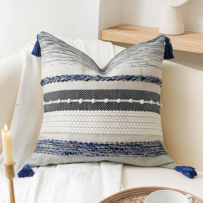 BlissBlush Navy Dark Blue Decorative Throw Pillow Cover 18x18 Square Boho Accent Pillowcase Tassels Farmhouse Cushion for Couch Sofa Bedroom Living Room Home Décor Cover ONLY