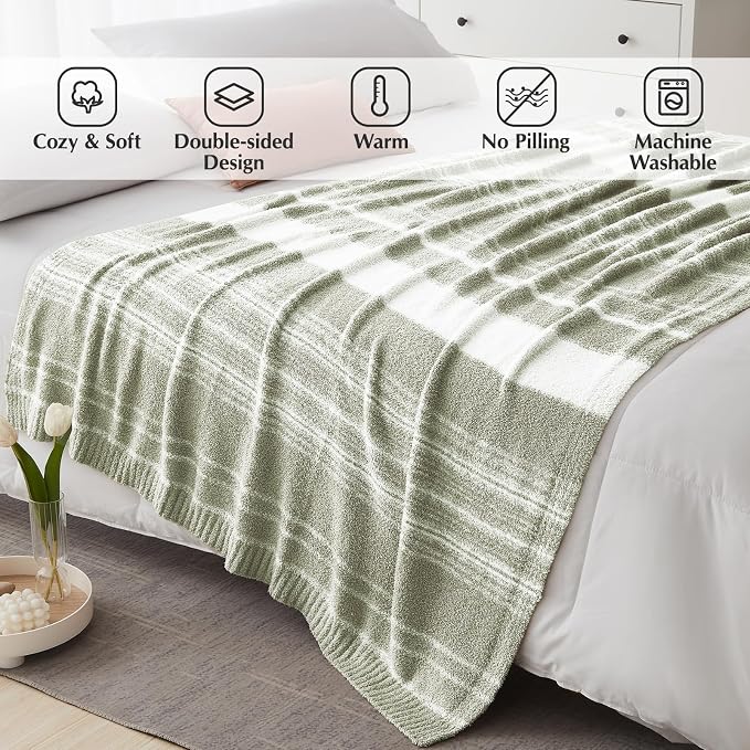 WRENSONGE Soft Throw Blanket for Couch-Cozy Reversible Knitted Blankets | Lightweight Warm Fluffy Decor for Women, Mom, Her & Girls, Sofa, Chair, Bed, 50x70in, Sage Green Stripe