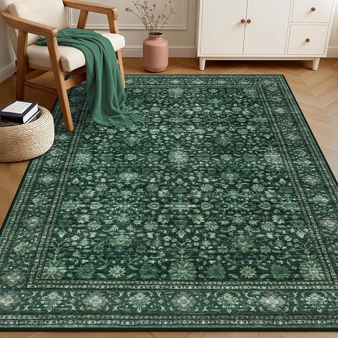 6x9 Area Rugs Living Room Rug: Washable Vintage Distressed Floral Rug No Slip Stain Resistant Soft Carpet Indoor Large Carpets for Bedroom Dining Room Farmhouse Nursery Home Office Deep Green