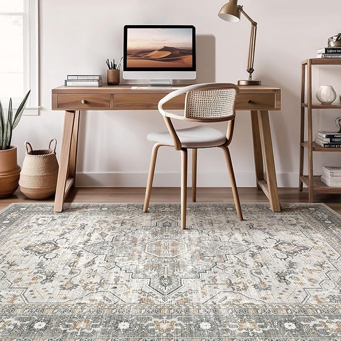 7x10 Area Rug Living Room: Washable Boho Large Neutral Vintage Soft Rugs Stain Resistant Distressed Farmhouse Non-Slip Indoor Floor Carpet for Bedroom Nursery Kids Office Dining Room- Taupe