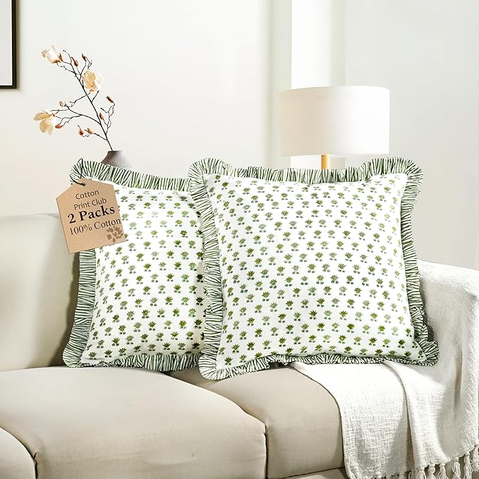 CPC Lotus Meadow Hand Block Print 100% Cotton Ruffle Throw Pillow Cover 20x20 inch with Hidden Zipper Decorative for Couch, Bed, Sofa, Farmhouse, Cottagecore Decor Gift Christmas Fall Thanksgiving