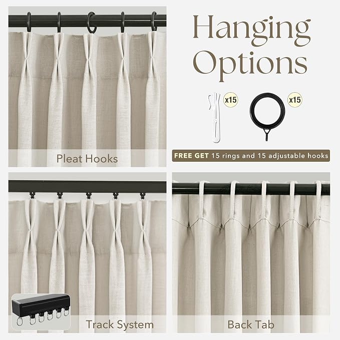 98 Inch Linen Curtains 2 Panel Set for Living Room Natural Beige Pinch Pleat Curtain Memory Trained with Hook Farmhouse Rustic Canvas Textured Semi Sheer Light Filtering Pleated Drapes 98 Long Apricot