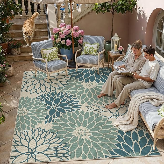 HUGEAR 8'x10' Waterproof Blue Floral Outdoor Rug Patio Linen-Look Floor Mat for Camping RV Outside Area Rug Deck Porch Balcony Backyard Picnic Beach Carpet Home Decor