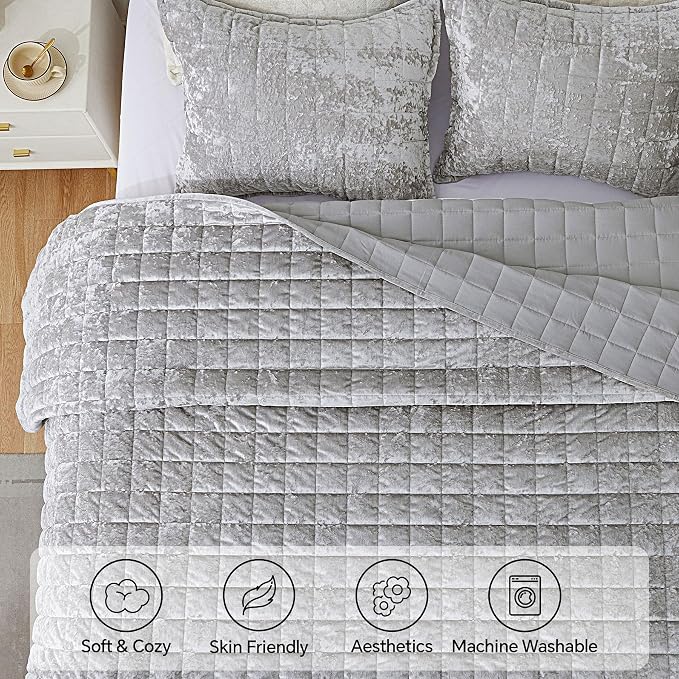 BEDELITE Velvet Quilt Set King Size - Luxury Soft Velvet Comforter Bedding Set for All Season, Lightweight Quilted Box Stitch Oversized Bedspread Coverlet with 2 Matching Shams, Shiny Light Grey