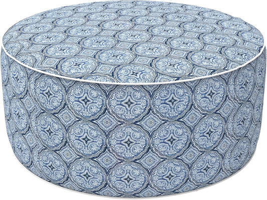LVTXIII Outdoor Inflatable Ottoman, Fade-Resistant Round Footrest Stool D31”x H14”, Portable Patio Pouf for Garden Camping or Home Use, Medallion Blue