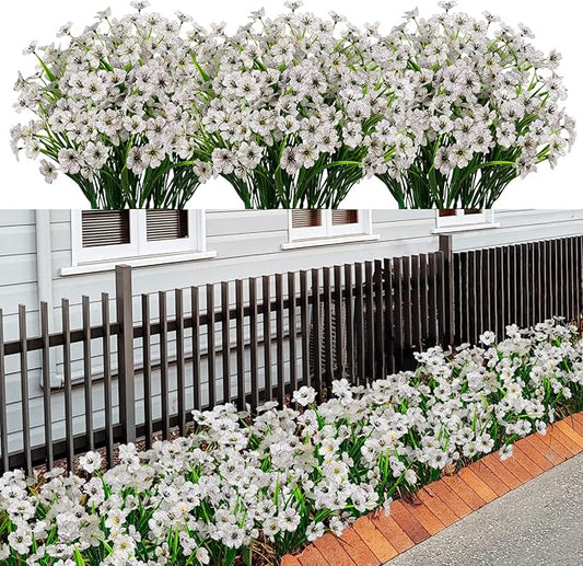 LikSoor 21 Bundles Artificial Outdoor UV Resistant Flowers No Fade Fake Outside Flowers Plastic Greenery Faux Shrubs Garden Porch Window Box Home Decoration (White)