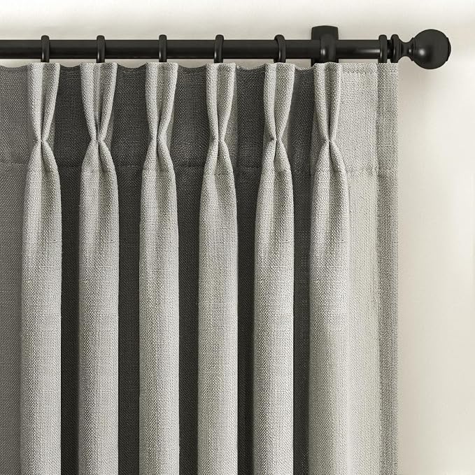 Pinch Pleated Linen Curtains 90 Inches Long for Living Room Bedroom 2 Panels Rustic Grey Thick Linen Textured Pinch Pleat Hooks Rings Back Tab Memory Trained Semi Sheer Drapes 90 Inch Length