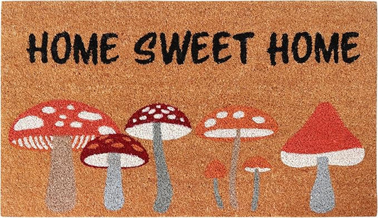 A1HC Natural Coco Coir Door Mat Home Sweet Home Mushroom Doormat with Heavy Duty Non-Slip PVC Backing - 18" x 30" - Easy to Clean, Welcome Mat for Home, Porch Decor Doormat