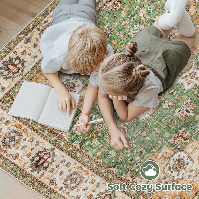 Area Rug 6x9 Washable Rug, Vintage Boho Medallion Rugs Non-Slip Soft Low Pile Large Distressed Rug Indoor Retro Carpet for Living Room Bedroom Dining Room Home Office (Vintage Green, 6'x9')