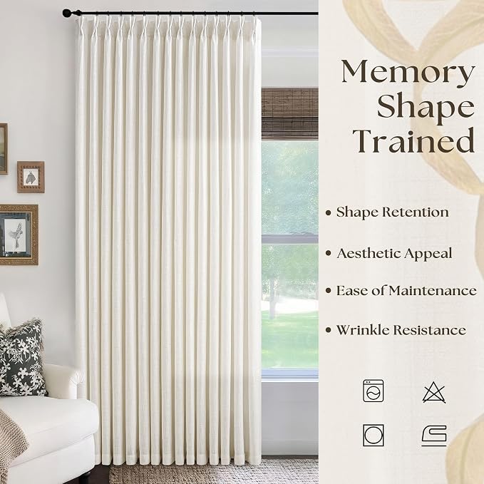 Extra Wide Pleated Curtains 108 Inches Long 100 Inch Width Patio Sliding Door Light Filtering Semi Sheer Drapes Cream Ivory Neutral Modern Neutral 100x108 Drapes Panels for Living Dining Room 1 Panel