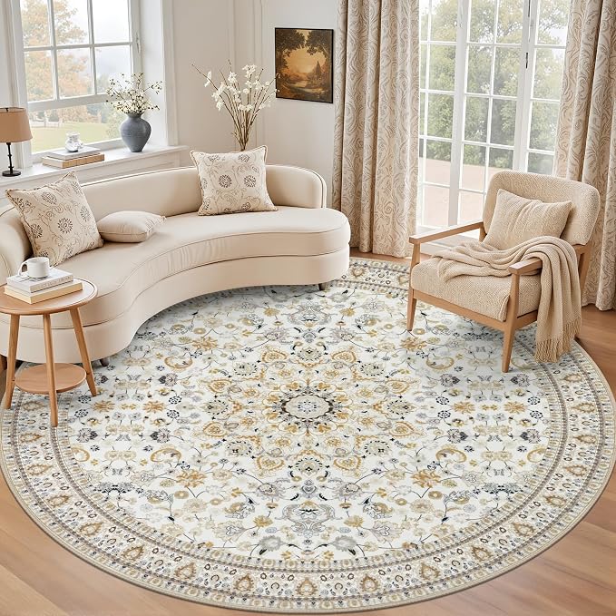 Round Area Rug for Living Room: 6ft Washable Vintage Boho Soft Thin Circle Rug Indoor Floor No Slip Stain Resistant Carpet for Bedroom Dining Room Farmhouse Nursery Home Office - Beige