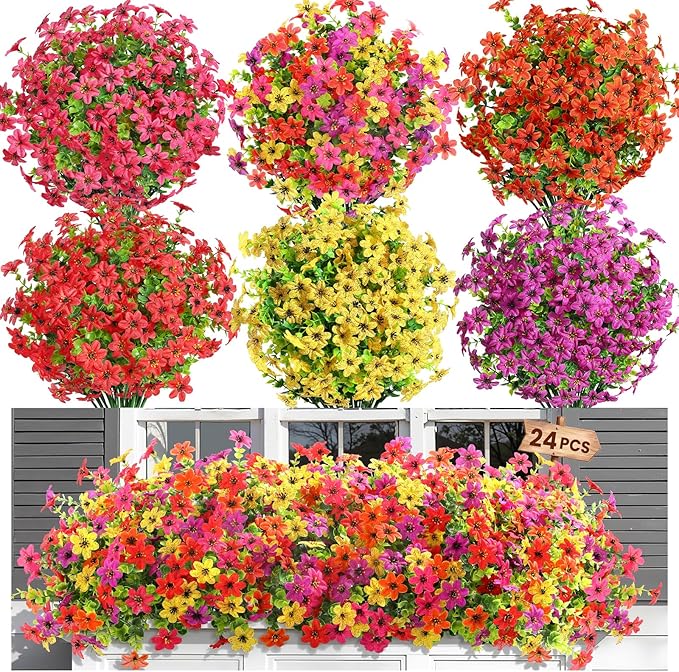 SHareconn 24 Bundles Artificial Flowers for Outdoors Spring Decoration, Fake Silk Realistic Faux Plants UV Resistant for Outside Planter Porch Patio Summer Indoor Decor, RedRosePurpleYellowOrange