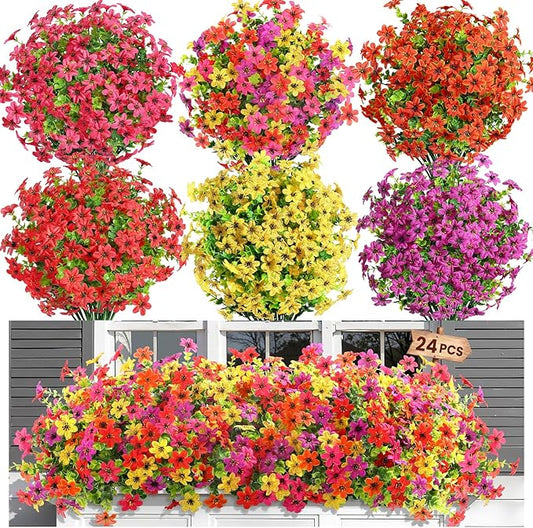 SHareconn 24 Bundles Artificial Flowers for Outdoors Spring Decoration, Fake Silk Realistic Faux Plants UV Resistant for Outside Planter Porch Patio Summer Indoor Decor, RedRosePurpleYellowOrange