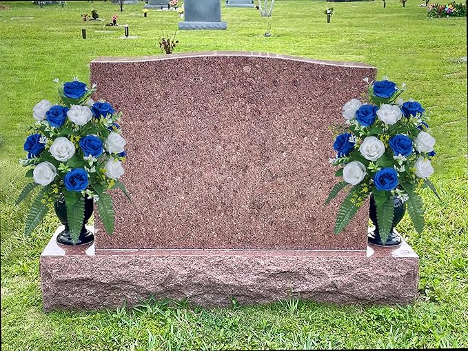 DONODA 2 Sets Artificial Cemetery Flowers， Outdoor Grave Decorations Roses，Accompanied by 2 Long Nail Vases。Lasting and Non-Bleed Colors. (18 Heads (Dark Blue+White))