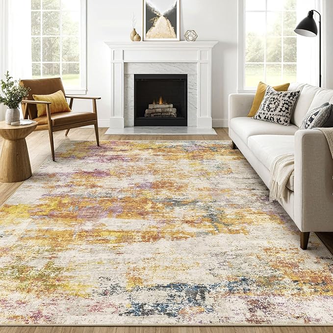 7x10 Area Rug Living Room: Machine Washable Large Abstract Modern Soft Rug Stain Resistant Indoor Floor Non Slip Accent Carpet for Bedroom Nursery Playroom Office Dining Room Dorm- Gold Colorful