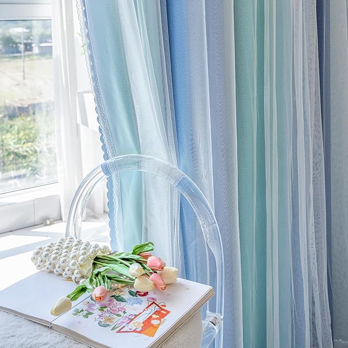 XiDi Blue Green Grey Blackout Curtains 63 Inches Long for Living Room Bedroom 2 Panels Double Layer Curtains Rainbow Kids Grommet Window Drapes for Nursery Princess Unicorn Wall Decals 34 Inches Wide