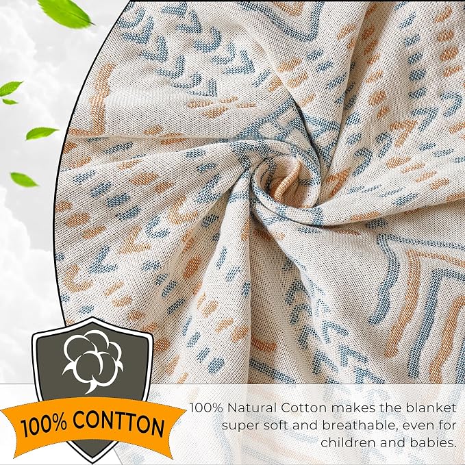 100% Cotton Reversible Woven Muslin Blanket for Couch Sofa Settees,90"x108" Extra Large 4-Layer Gauze Summer Blanket for King Size Bedspread,Home Decor with Unique Geometric, Beige/Blue