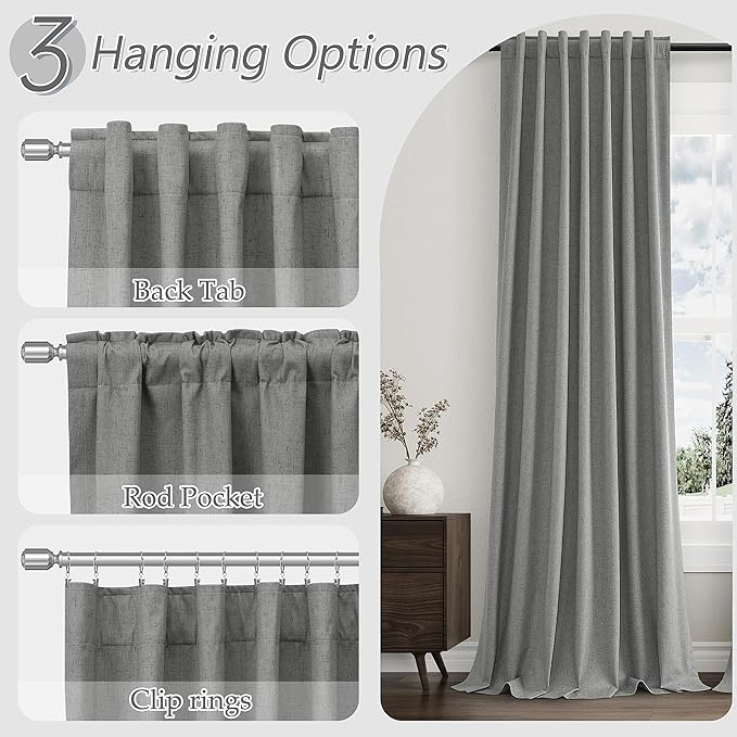 Guken 100% Blackout Linen Curtains 100 Inch Length 2 Panels Set for Living Room Bedroom Back Tab Thermal Insulated Black Out Linen Drapes Room Darkening Window Curtains,Dark Grey