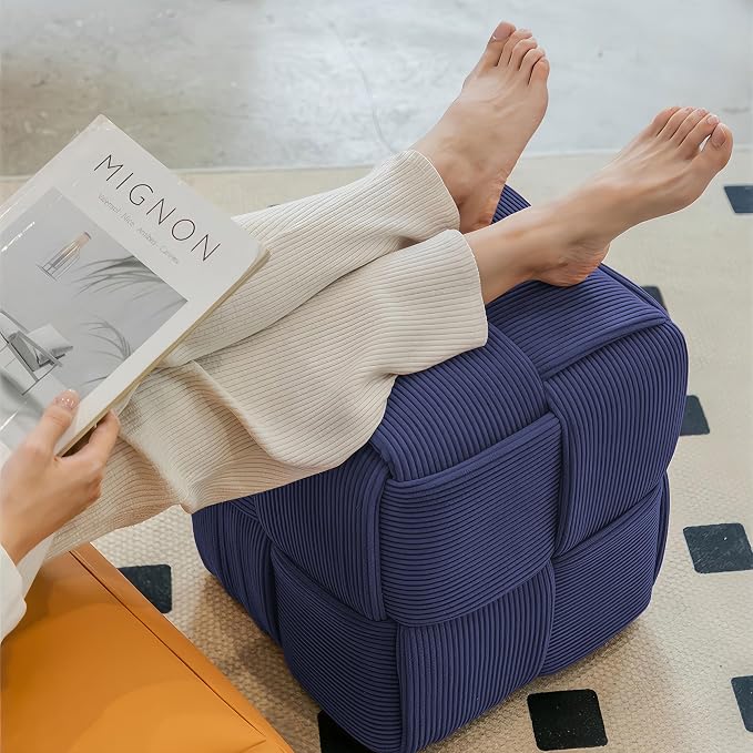 Cmishe 15" Square Woven Corduroy Ottoman Footrest - Modern Vanity Stool for Living Room & Entryway, Eco-Friendly Wood Frame, No Assembly (Blue)
