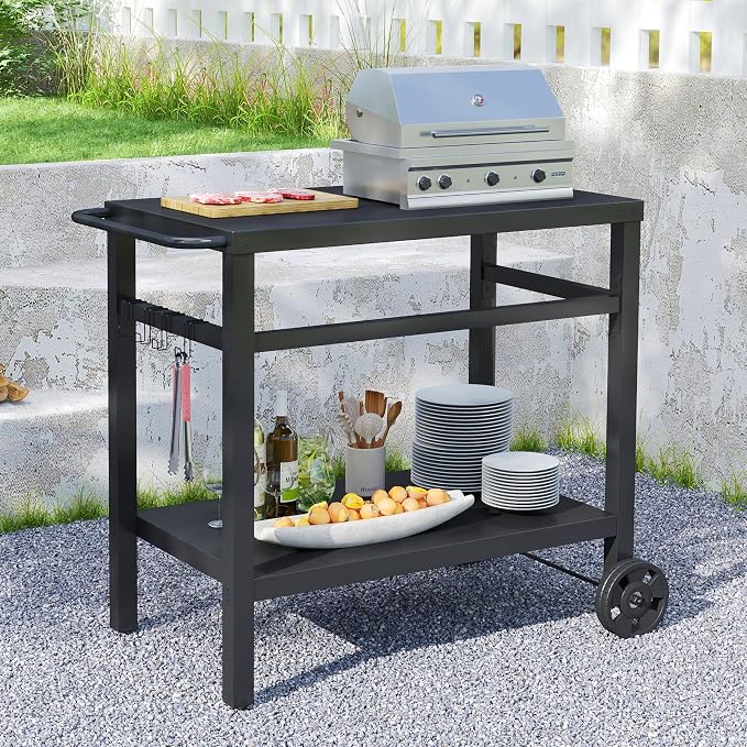 DDK 2-Tier Outdoor Grill Table, 34" Metal Top BBQ Prep Cart with Wheels & Hooks, 150 LBS Capacity Grill Cart for Patio Backyard Camping, Works as Griddle Stand & Potting Bench
