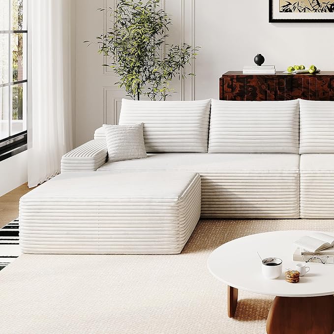 37.4" Plush Corduroy Ottoman, Upholstered Cloud Ottoman for Boneless Couch in a Box, Modular Sectional Couches for Living Room, Compressed Memory Foam, No Assembly Require, White