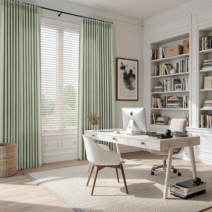 Sage Green Pinch Pleated Linen Curtains 84 Inches Long for Living Room Bedroom Semi Sheer Back Tab Light Filtering Neutral Elegant Modern Farmhouse Pleated Drapes with Hooks for Dining Room 40x84