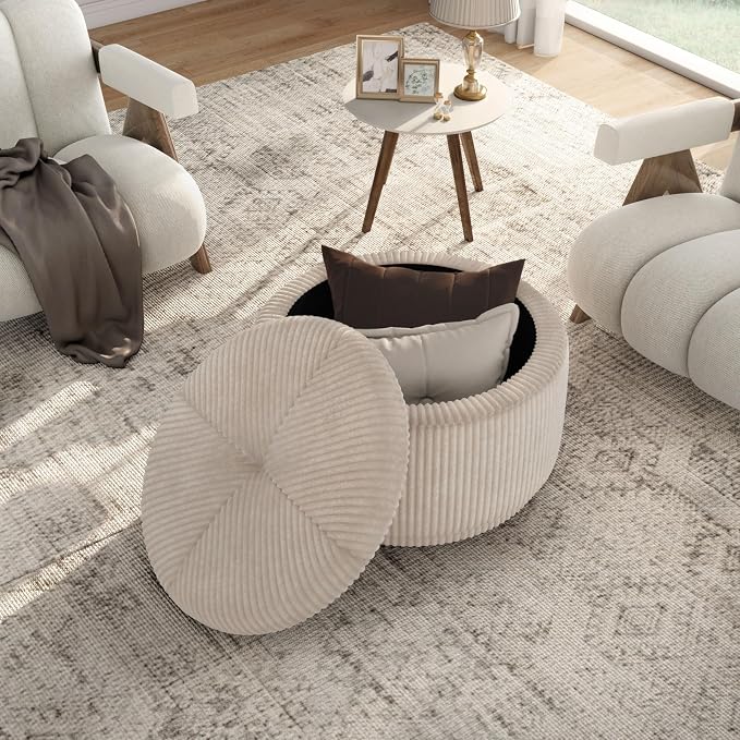 Furniture of America Lennox Modern Chenille 29-inch Round Storage Ottoman with Flip Top, Upholstered Footstool, Circle Coffee Table for Living Room, Bedroom, Entryway, Beige Pink