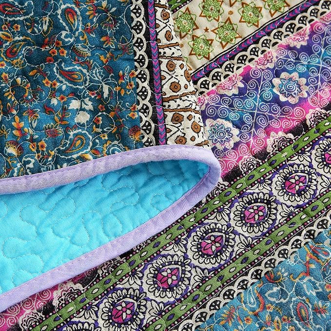 NEWLAKE Quilt Throw Blanket with Reversible Floral Patchwork, Blue Jacquard, 60X78 Inch