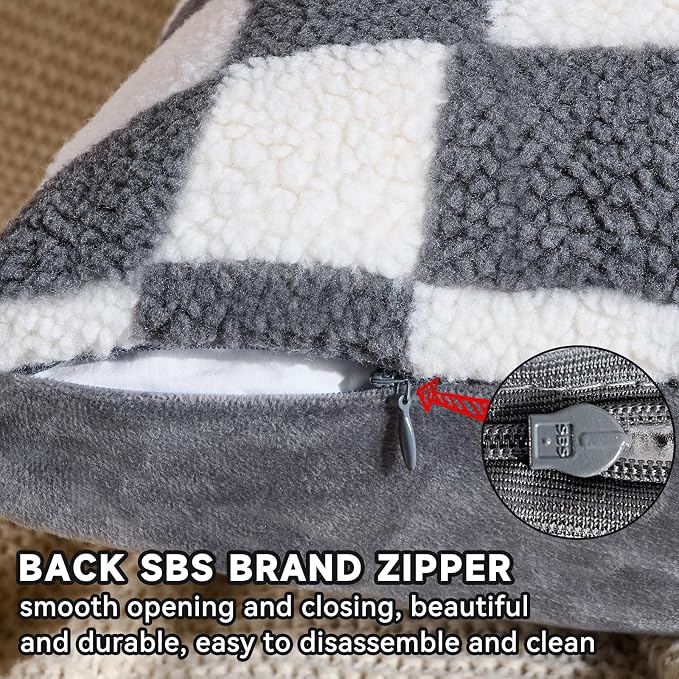 AmHoo Pack of 2 Decorative Throw Pillow Covers Checkerboard Luxury Super Soft Faux Fur Wool Set Case Cushion for Couch Sofa Bedroom 18 x 18-Inch Gray