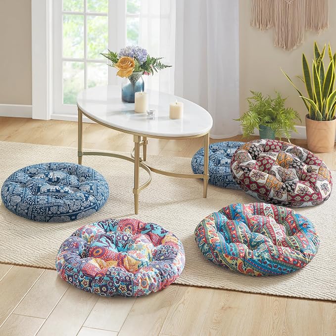 Codi Meditation Floor Pillow, Boho Pillows Seating for Adults and Teens, Large Round Cushion for Yoga Living Room Tatami Sitting, Memory Foam Added, 22x22 Inch, Multi Patchwork